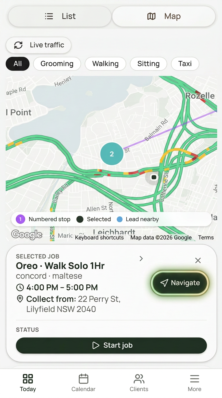 Felligo dispatch map with the SELECTED JOB card and the Navigate button highlighted — tapping it fires the client's tracking link.