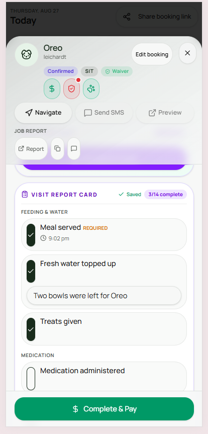 Felligo visit report card with Meal served ticked at 9:02 pm and a typed note reading Two bowls were left for Oreo