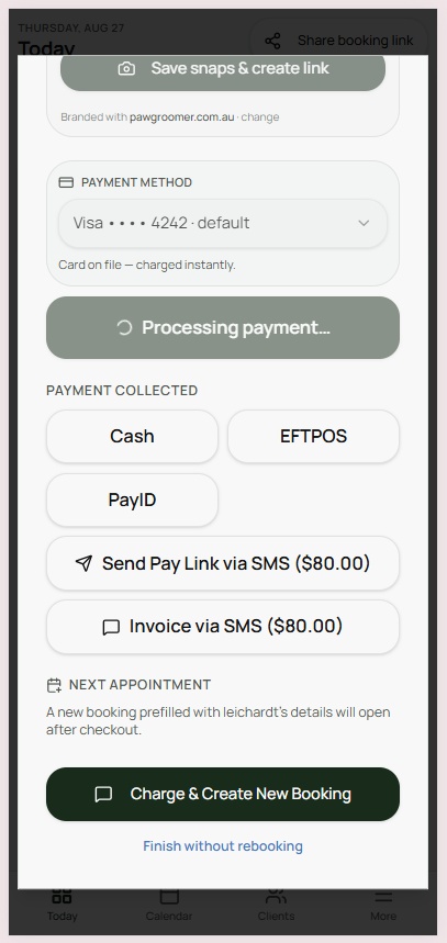 Felligo wrap-up screen showing card on file payment, cash, EFTPOS, PayID, pay link and invoice via SMS, and a Charge and Create New Booking button