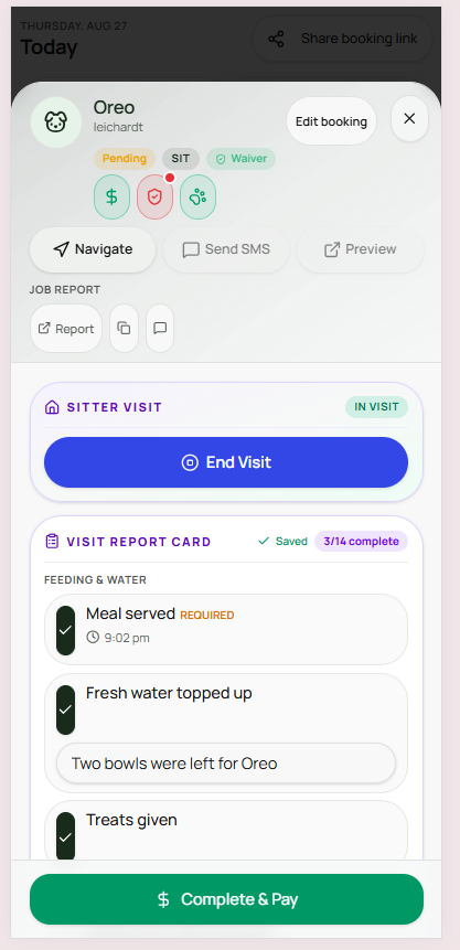 Felligo sitter job card showing In Visit status with an End Visit button
