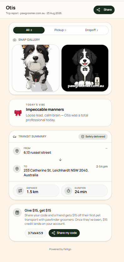 Felligo pet taxi recap for Oreo showing pickup and drop-off photos, trip distance and duration, and a safely delivered confirmation