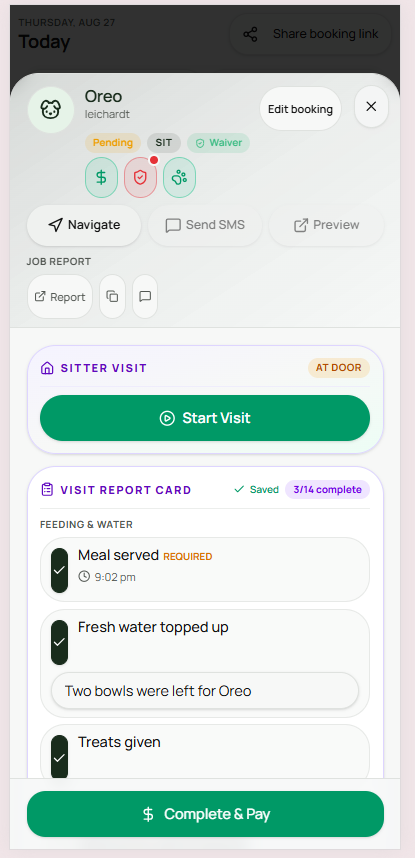Felligo sitter job card showing At Door status with a Start Visit button
