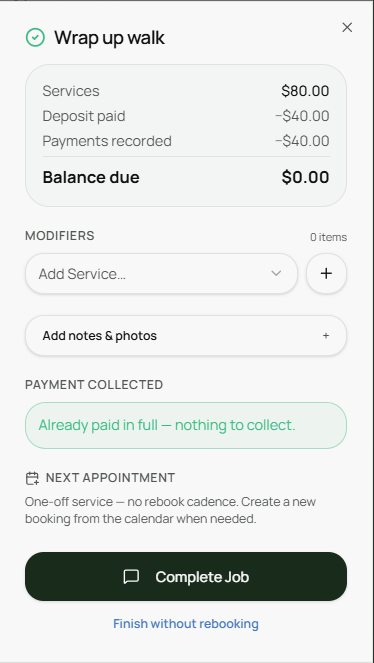 Felligo wrap-up screen showing the completed job with a zero balance and an Already paid in full message