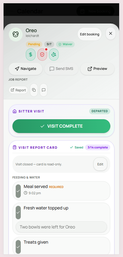 Felligo sitter job card showing Departed status with the visit marked complete and the card read-only