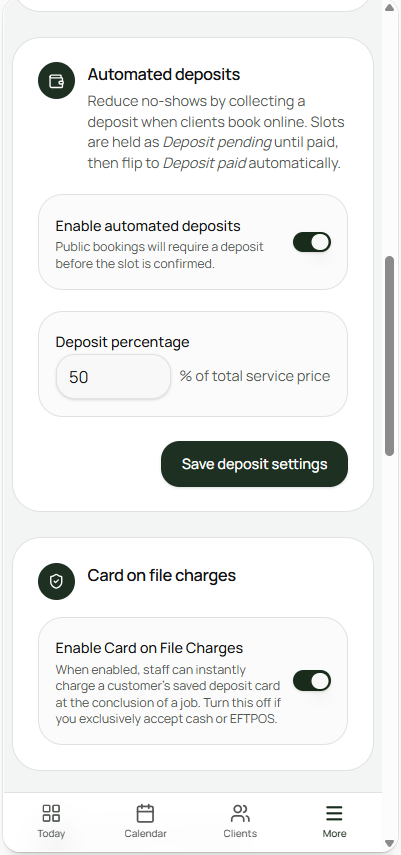 Felligo deposit settings: the Automated deposits toggle switched on, a deposit percentage set to 50% of the service price, and the Card on file charges toggle enabled beneath it.