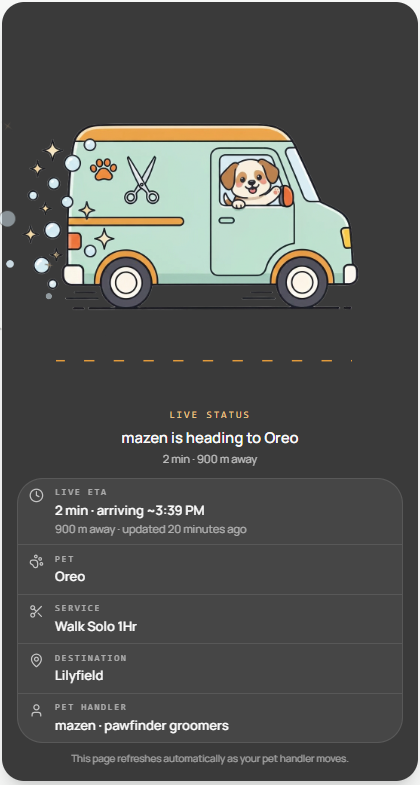 Felligo client live tracking page the link opens — handler's van, live ETA, pet name, service and destination, updating on its own.