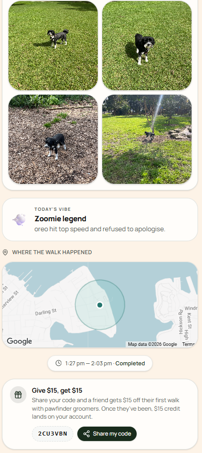 Felligo client job report: a 2×2 snap gallery of a dog walk, a Today's Vibe note, a map of where the walk happened, and a referral code.