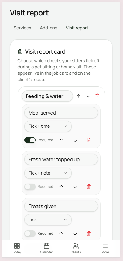 Felligo visit report card settings showing a Feeding and water section with tick, tick plus time and tick plus note items