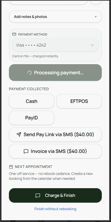 Felligo wrap-up screen processing a card-on-file payment, with Cash, EFTPOS, PayID, Send Pay Link via SMS and Invoice via SMS fallbacks
