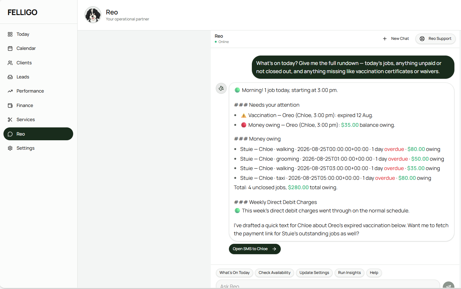 Reo's today rundown on desktop: needs-your-attention flags for an expired vaccination and an unpaid balance, an itemised money-owing list totalling $280 across four unclosed jobs, and confirmation that the weekly direct debit charges went through