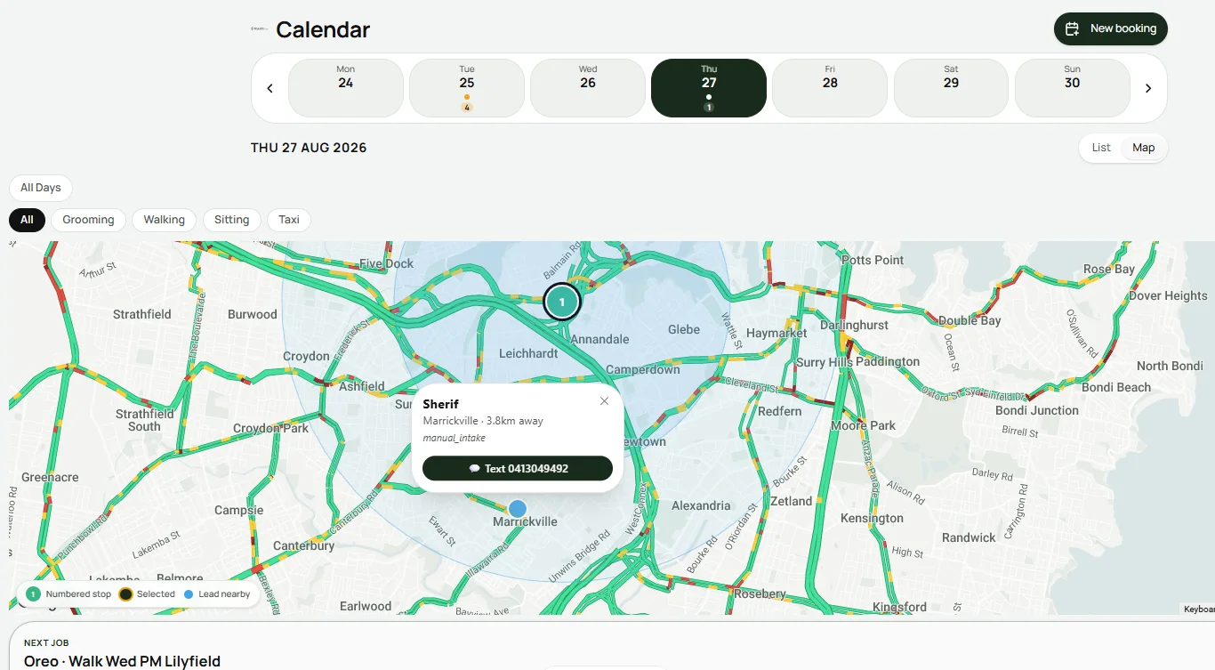 Felligo calendar Map view with live traffic overlay, a numbered route stop, and a lead popup for Sherif in Marrickville showing distance away and a one-tap Text action, with Grooming/Walking/Sitting/Taxi filters