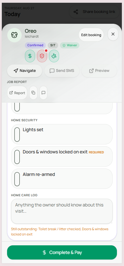 Felligo visit report card home security section with lights set, doors and windows locked and alarm re-armed, plus a still outstanding list