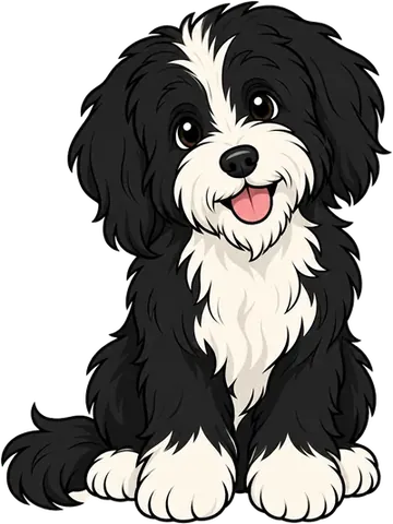 Reo, the Felligo mascot — a black-and-white shaggy pup